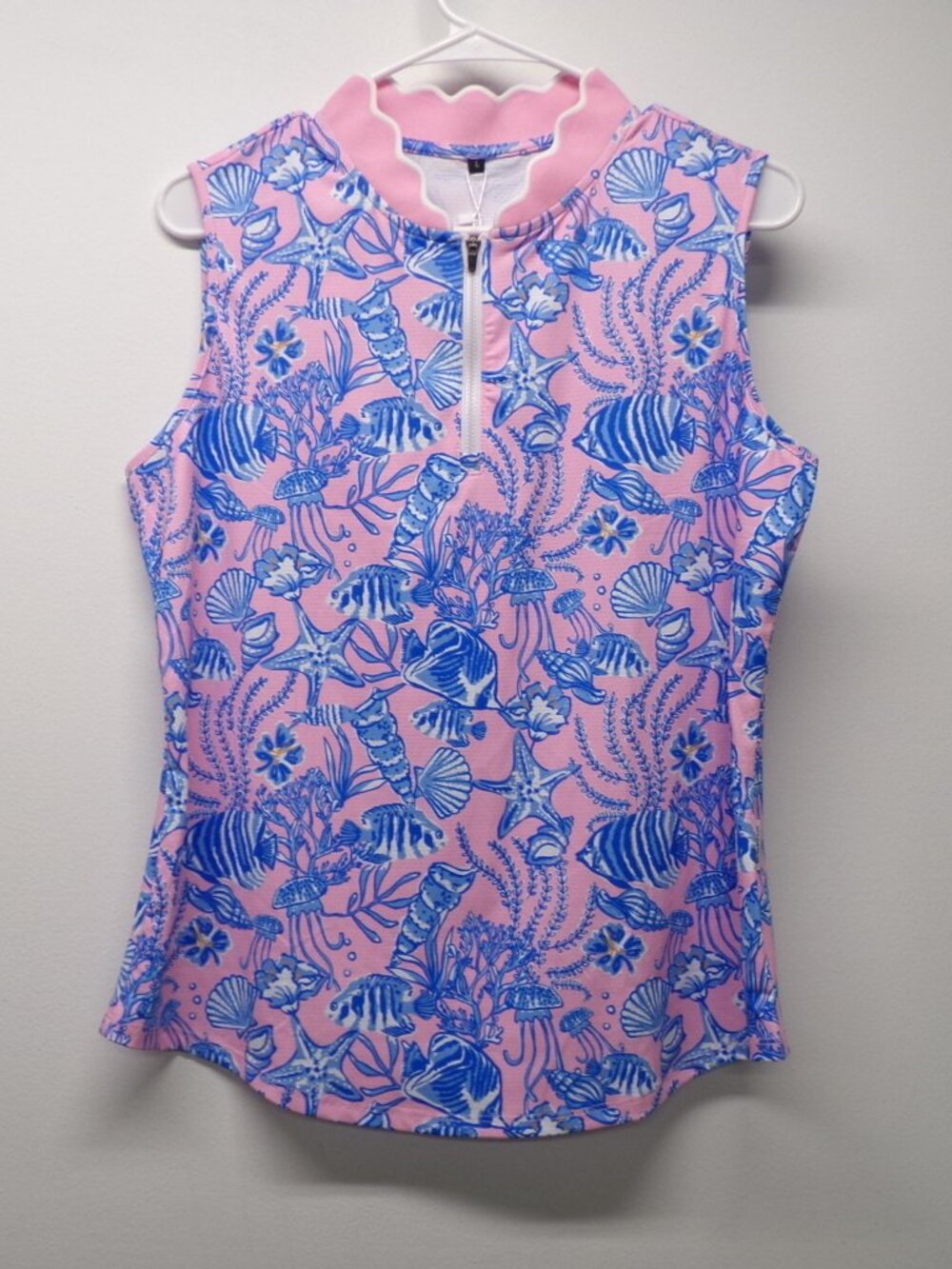 NWT Soneven Sleeveless Golf Polo Shirt Womens L Pink Blue Coral Shell Jellyfish